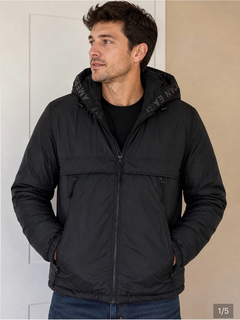 American Eagle Men's Black Hooded Puffer Performance Jacket Like New Medium